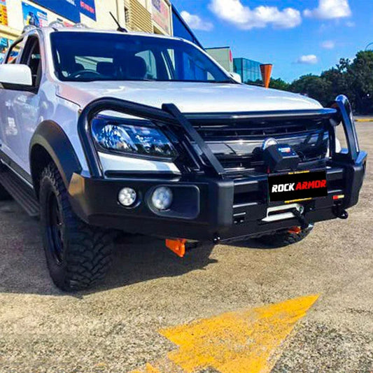 White pickup truck with rockarmor elite steel black bull bar fitted on holden colorado bumper cut front end shown in fitting video
