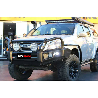 Silver isuzu dmax suit pickup truck fitted with rockarmor elite steel bullbar featuring bar replacement eyebrows