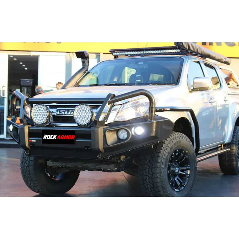 Silver pickup truck fitted with rockarmor elite steel bullbar front bumper suit isuzu dmax 2017 to 2020