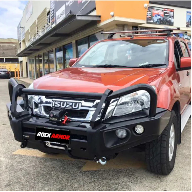 Orange isuzu dmax pickup truck featuring a black rockarmor elite steel bullbar suit isuzu dmax 2017 to 2020 models