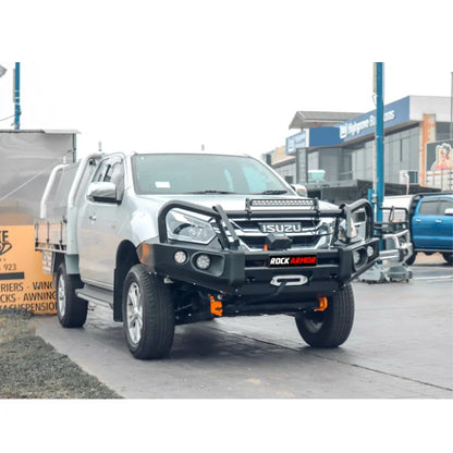 Silver Isuzu Dmax pickup truck fitted with rockarmor elite steel bullbar featuring black bull bar hoop