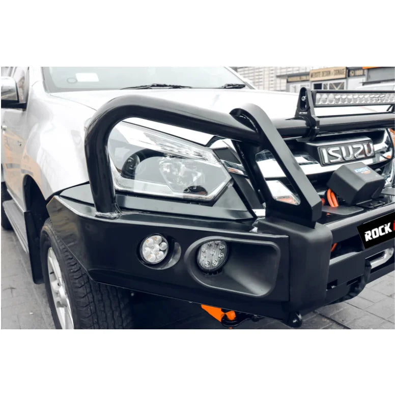 Silver isuzu dmax fitted with rockarmor elite steel bullbar featuring black hoop design for 2017 to 2020 models