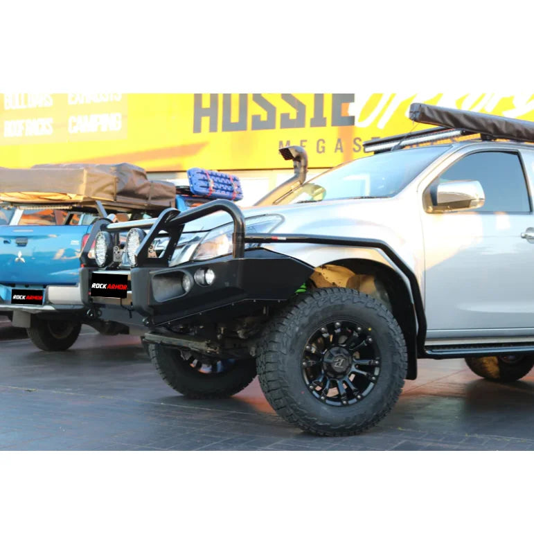 Off-road modified isuzu dmax pickup trucks fitted with black rockarmor elite steel bullbar with bar replacement eyebrows