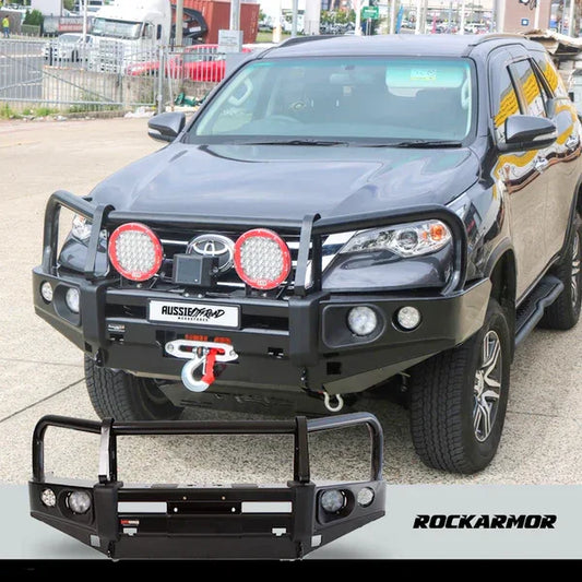 Black rockarmor elite steel bullbar with lights and winch suit toyota fortuner 2015 to 2019 model