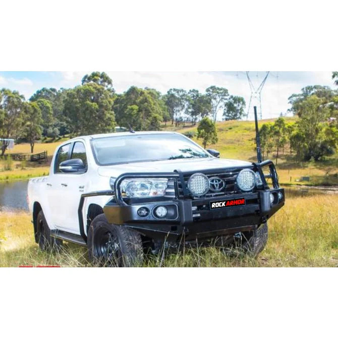 White toyota hilux n80 pickup truck fitted with rockarmor elite steel bull bar full bar replacement 2015-2020