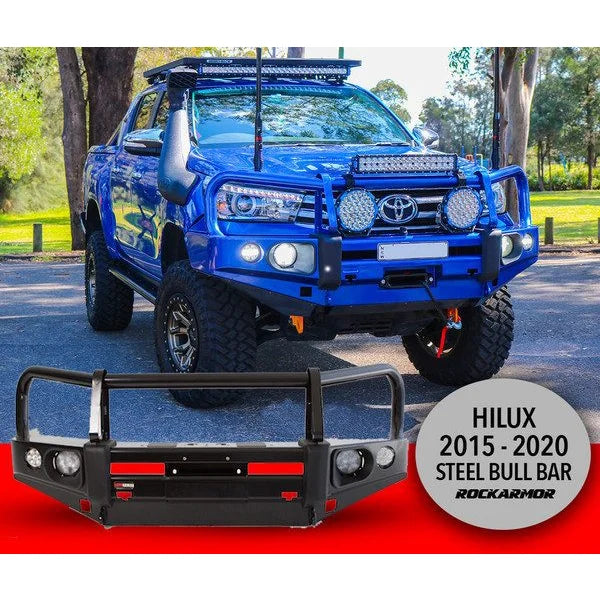 Rockarmor elite steel bull bar in black steel as full bar replacement for toyota hilux n80 2015-2020