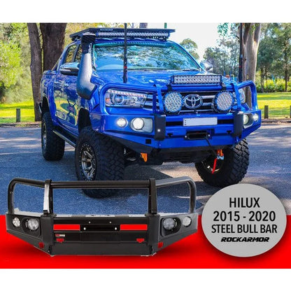 Rockarmor elite steel bull bar in black steel as full bar replacement for toyota hilux n80 2015-2020