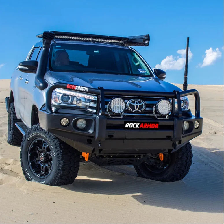Silver toyota hilux n80 with rockarmor elite steel bull bar full bar replacement for off-road protection