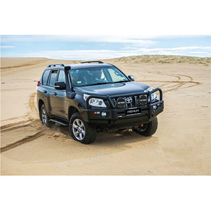 Black off-road Toyota Prado with Rockarmor elite steel bull bar featuring airbag compatible fog lights