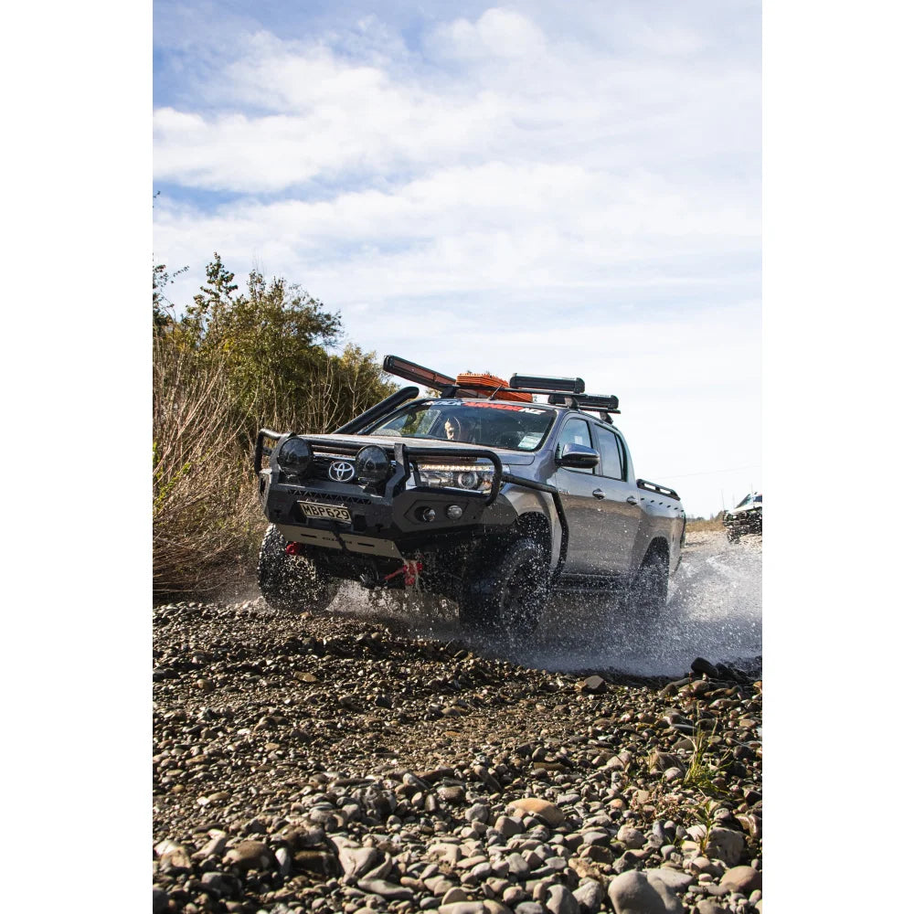 Gray Toyota pickup truck with Rockarmor GT Hoop Steel Bullbar on Hilux N80