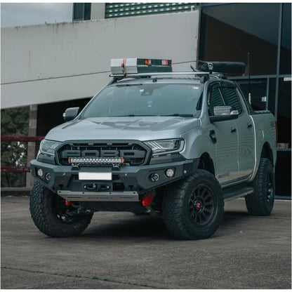 Silver Ford Ranger fitted with rockarmor gt hoopless steel bullbar featuring rated recovery points and winch ready design