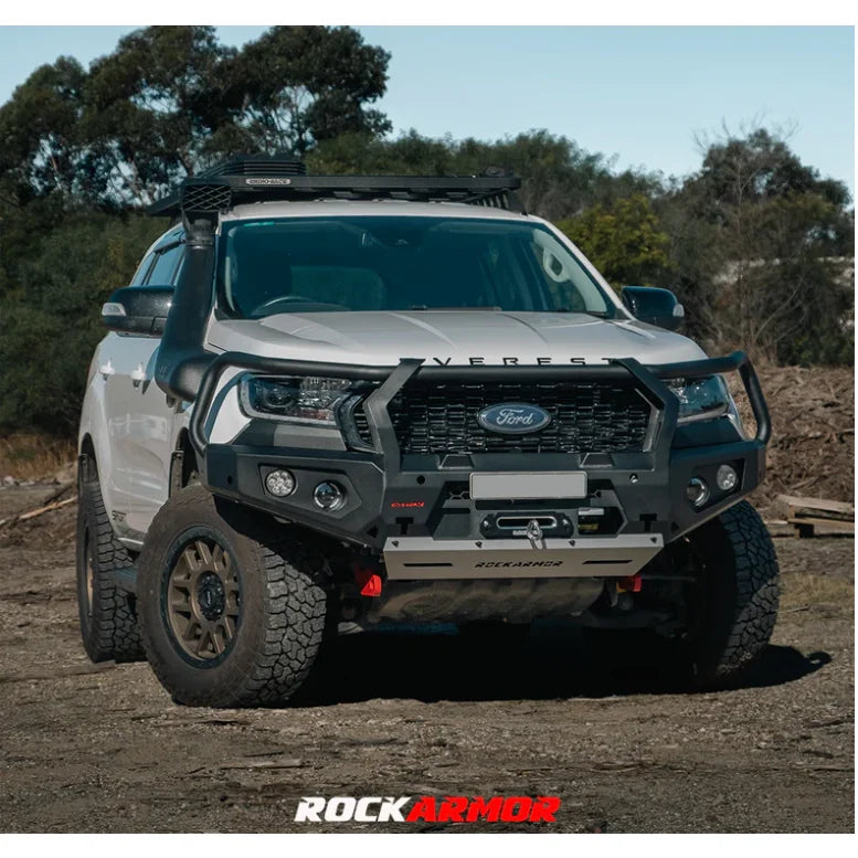 White ford Everest equipped with rockarmor gt steel hoopless bullbar featuring durable off-road steel construction