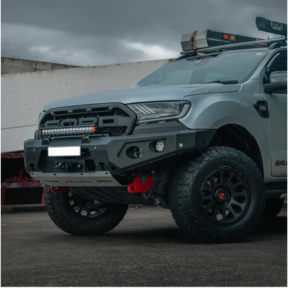 Modified silver ford ranger with rockarmor gt hoopless steel bullbar featuring rated recovery points and winch ready design