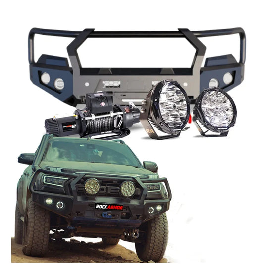Rockarmor gt steel hoop bullbar combo pack in black steel with synthetic winch rope for ford ranger px2 and 3