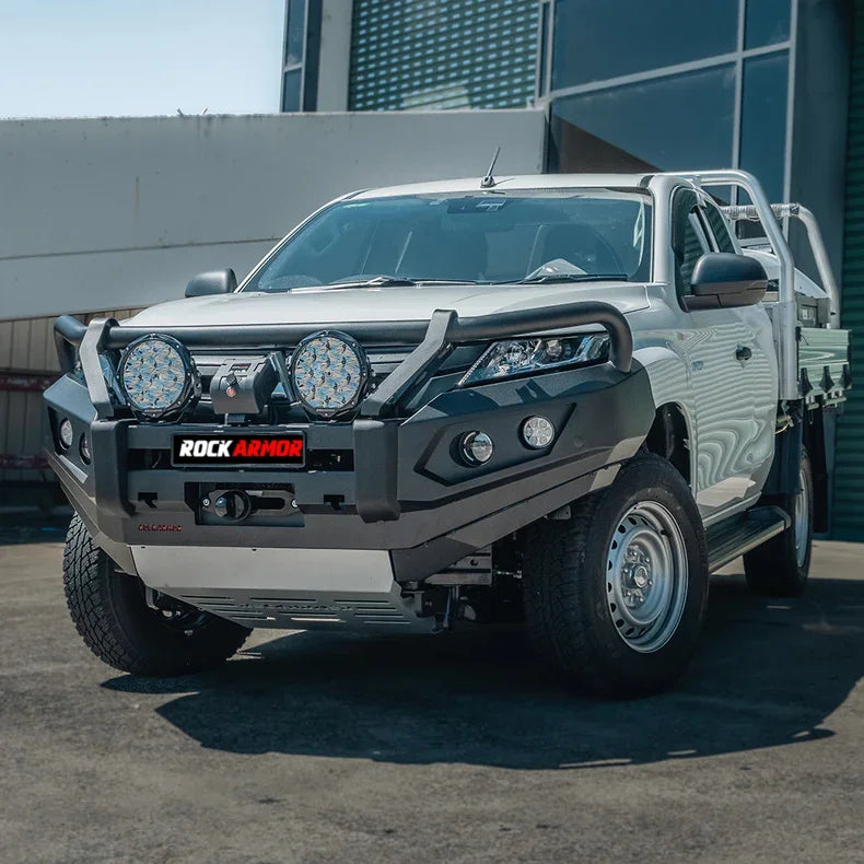 Silver mitsubishi mr triton pickup with rockarmor gt steel hoop bullbar combo pack featuring synthetic winch rope