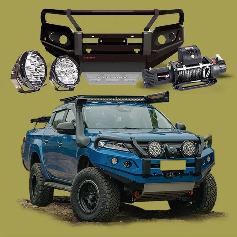 Blue off-road Mitsubishi mr triton equipped with rockarmor gt steel hoop bullbar combo pack and synthetic winch rope