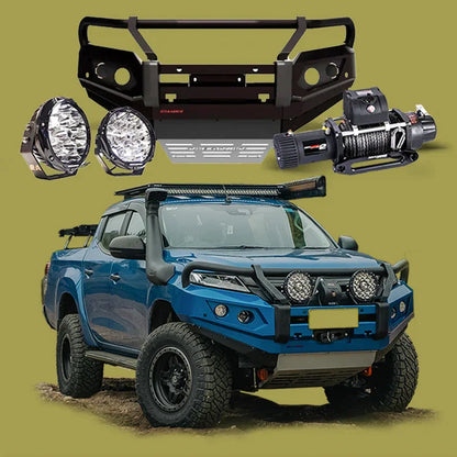 Blue off-road Mitsubishi mr triton equipped with rockarmor gt steel hoop bullbar combo pack and synthetic winch rope