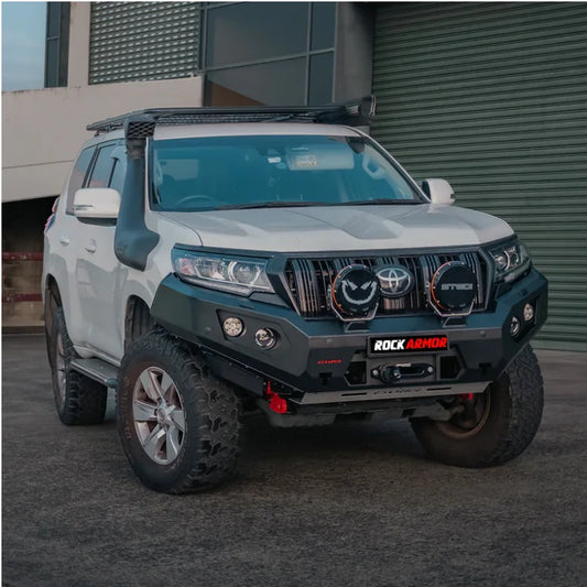 White Toyota Prado 150 Series 2018+ with rockarmor gt steel hoop bullbar and aftermarket snorkel front bumper