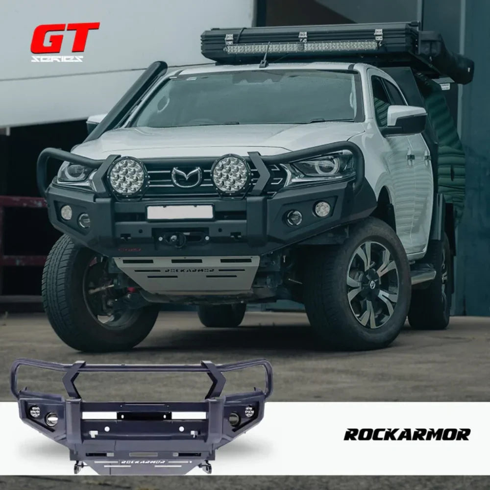 Off-road mazda bt50 equipped with black rockarmor gt steel bullbar featuring rated recovery points full front bar replacement