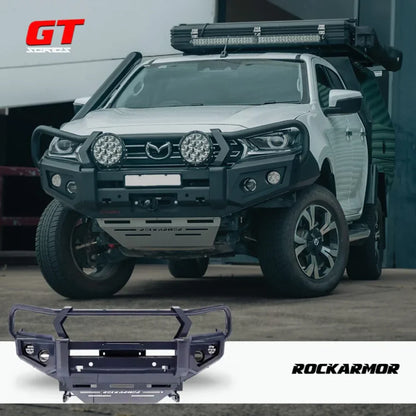 Off-road mazda bt50 equipped with black rockarmor gt steel bullbar featuring rated recovery points full front bar replacement