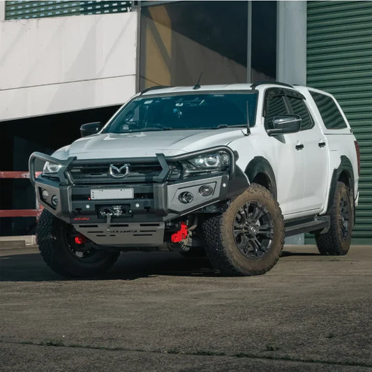 White Mazda BT50 2020+ pickup truck with Rockarmor GT Bull bull bar and driving lights