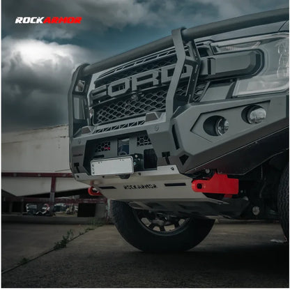 Ford truck with Rockarmor GT Bull aftermarket bumper and driving lights installed