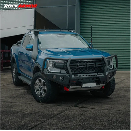 Blue ford ranger with rockarmor gt steel hoop bullbar featuring rated recovery points for next gen ford ranger