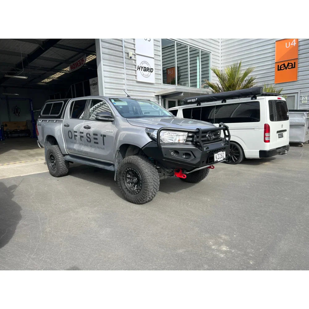 Gray steel Rockarmor GT bullbar on Toyota SR Hilux 2020 to current with rated recovery points and maximum frontal protection