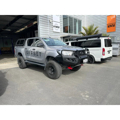Gray steel Rockarmor GT bullbar on Toyota SR Hilux 2020 to current with rated recovery points and maximum frontal protection