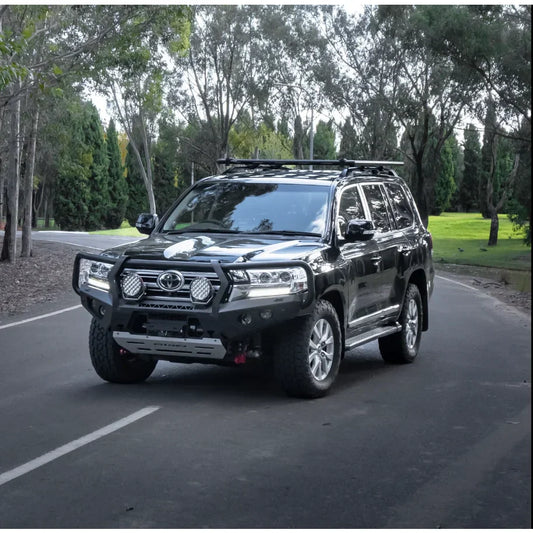 Black toyota 200 2015 suv with rockarmor gt steel bullbar featuring rated recovery points and high approach angles