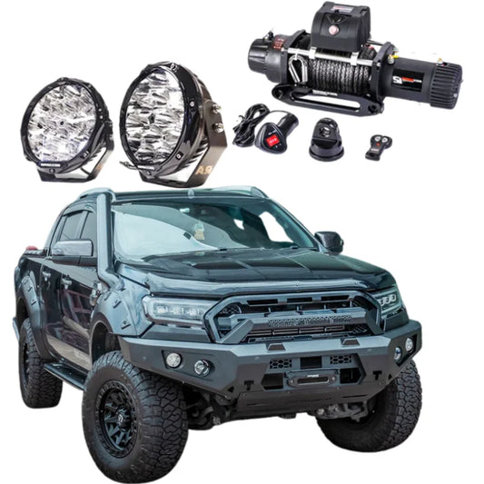 Black ford ranger px2 with rockarmor gt steel hoopless bullbar combo featuring synthetic winch rope for off-road use