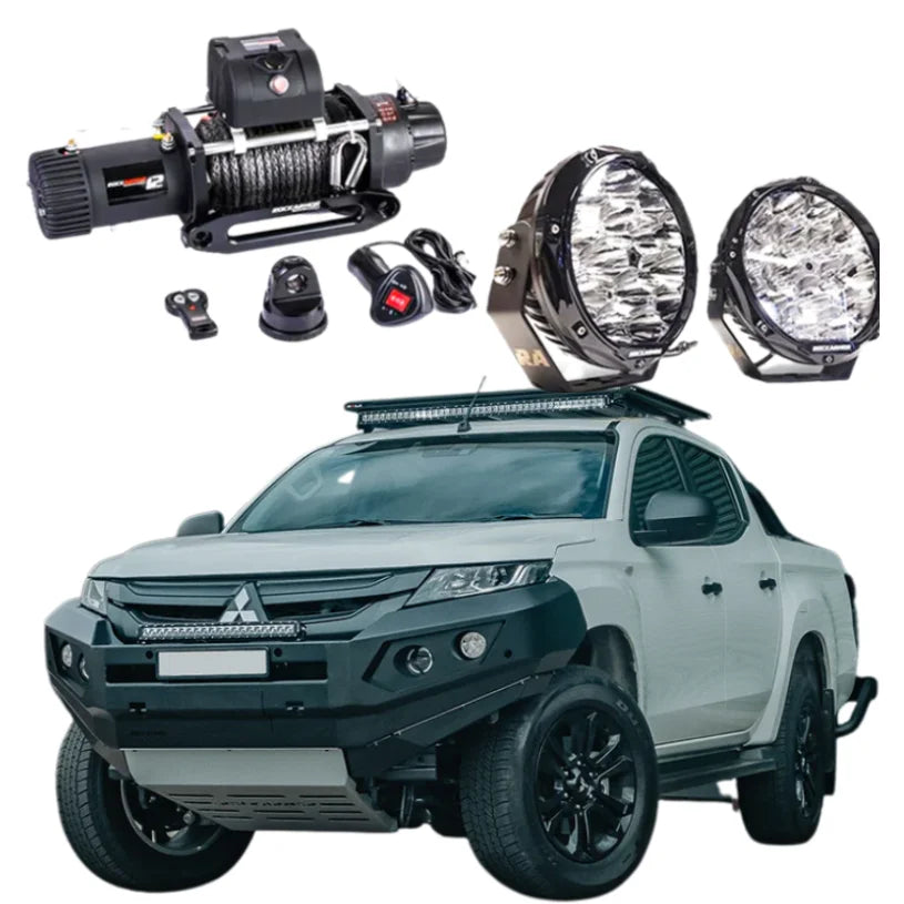 Rockarmor gt steel hoopless bullbar combo pack in black steel with synthetic winch rope for mitsubishi mr triton