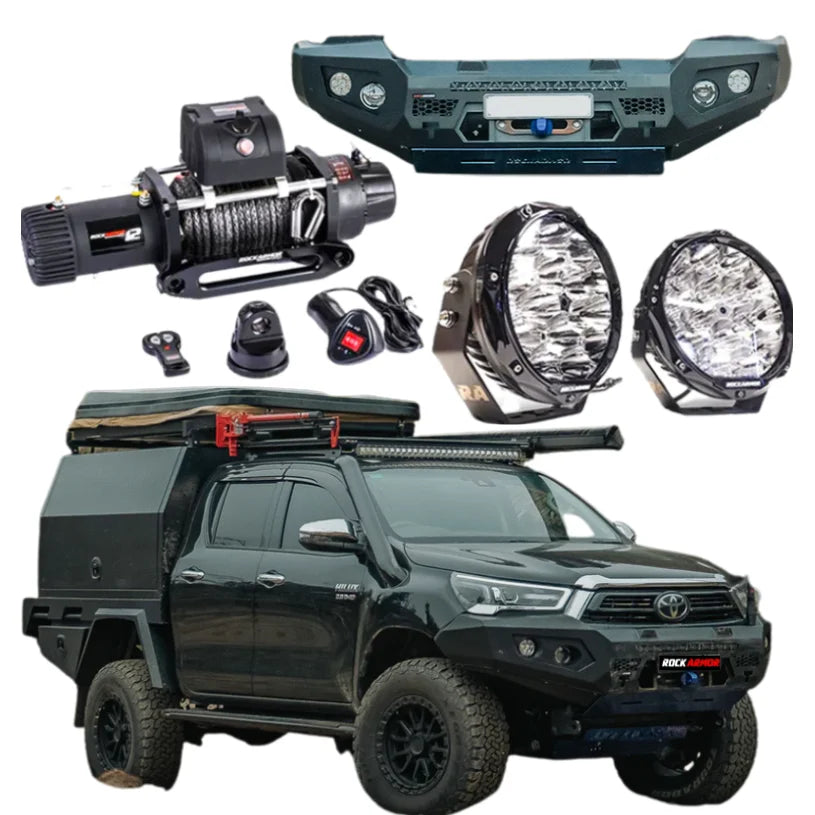 Rockarmor gt steel hoopless bullbar combo pack in black steel with synthetic winch rope for Toyota Hilux 2020-2025