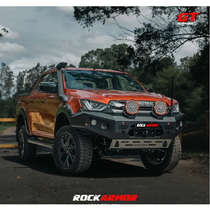 Orange off-road pickup truck equipped with rockarmor gt steel hoopless bullbar with recovery points rated for isuzu dmax08