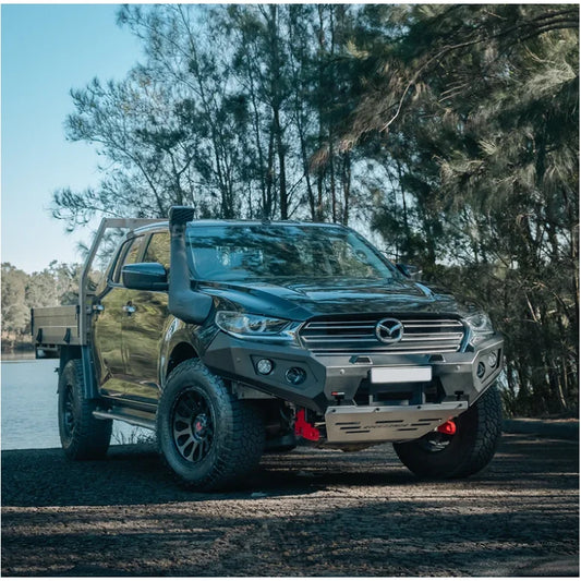 Black mazda bt50 pickup truck featuring rockarmor gt steel hoopless bullbar full bar replacement front view