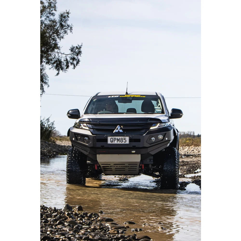 Black Mitsubishi Triton fitted with rockarmor gt steel hoopless bullbar featuring rated recovery points for durability