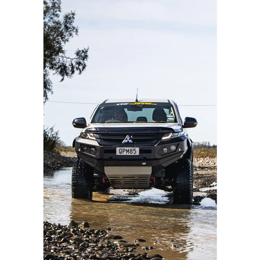Black Mitsubishi Triton fitted with rockarmor gt steel hoopless bullbar featuring rated recovery points for durability