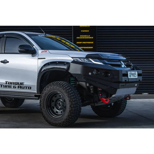 Silver Mitsubishi Triton pickup truck fitted with rockarmor gt steel hoopless bullbar featuring rated recovery points