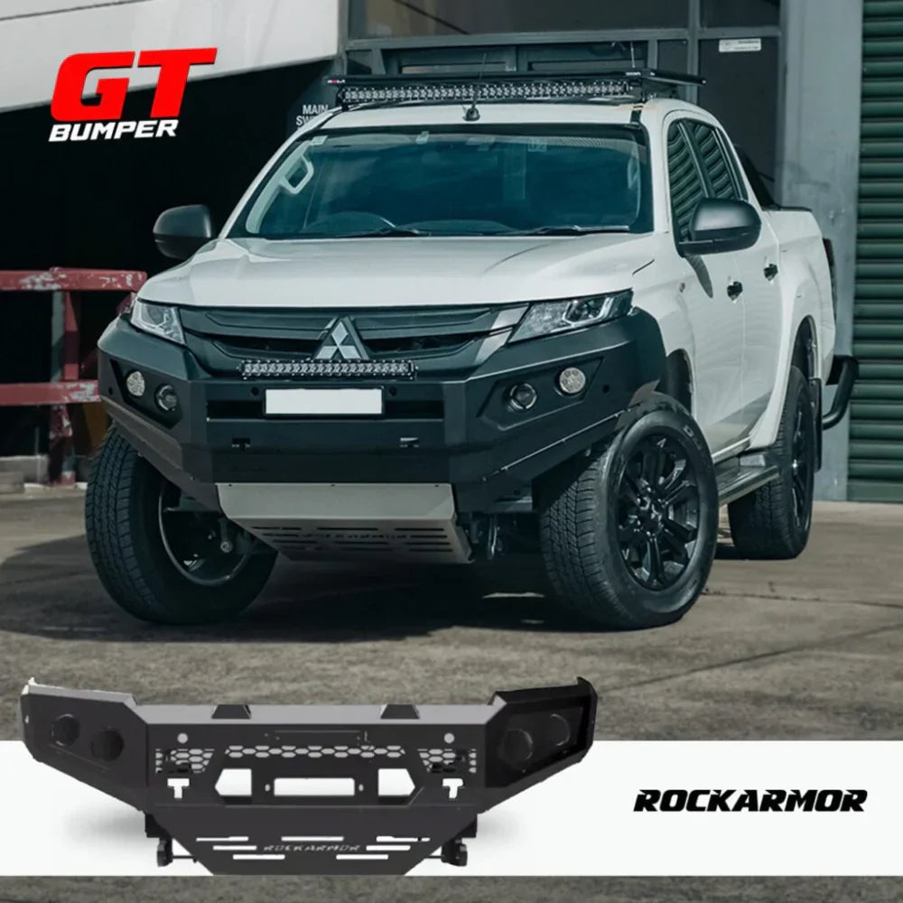 Rockarmor gt steel hoopless bullbar in black steel with rated recovery points for mitsubishi triton mr 12/2018 to 02/2024