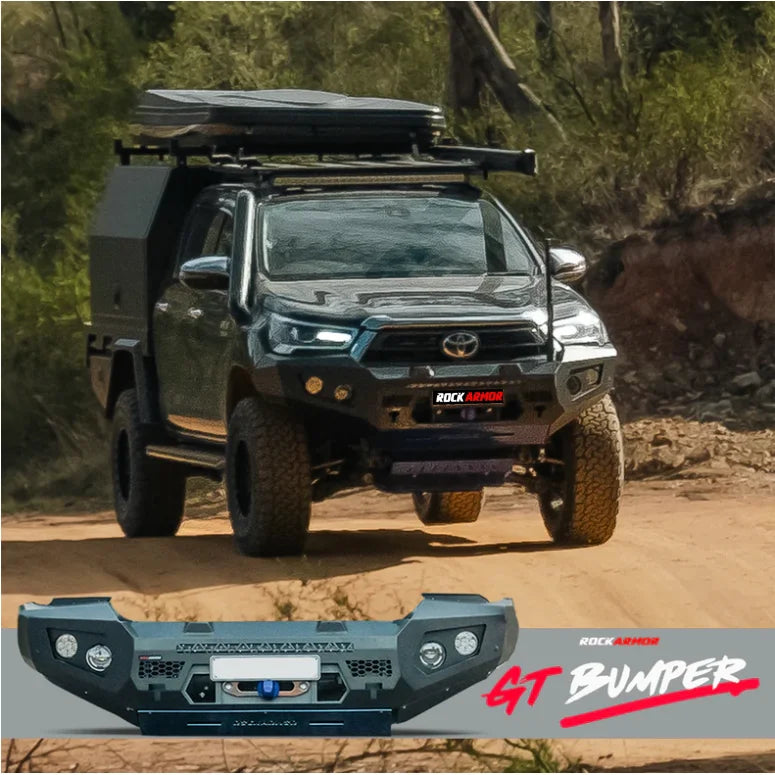Off-road toyota hilux with black rockarmor gt steel hoopless bullbar featuring rated recovery points front bumper replacement