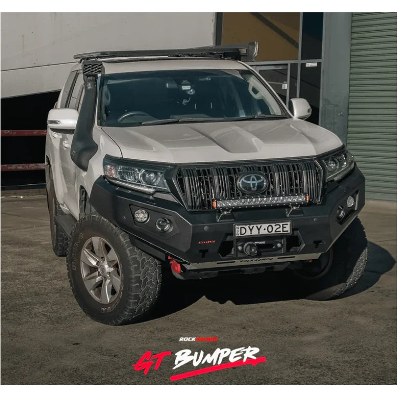 White toyota prado fitted with rockarmor gt steel hoopless bullbar full bar replacement for prado 150 11/2017-current