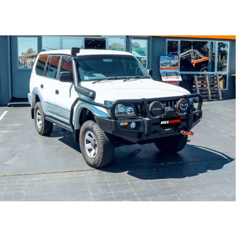 White off-road toyota prado with black rockarmor premium bullbar featuring synthetic winch rope frontal combo