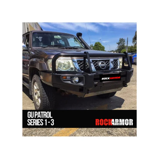Brown nissan patrol gu1 fitted with rockarmor premium steel black bull bar enhancing vehicle suspension protection