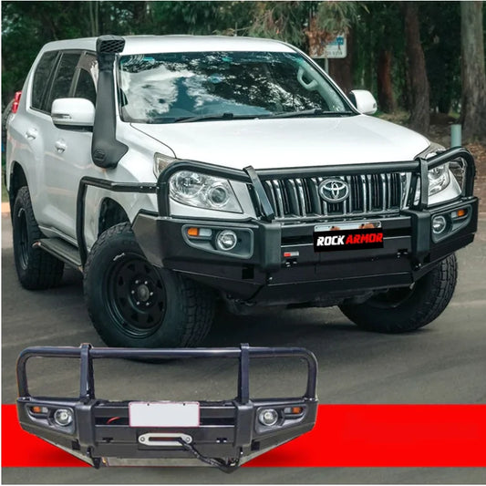 White toyota prado fj150 suv with black rockarmor premium steel bullbar featuring led fog lights front bumper cut