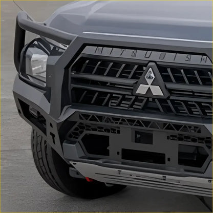 Black metal front bumper with integrated grille and mitsubishi logo for rockarmor rock pack triton 2024+
