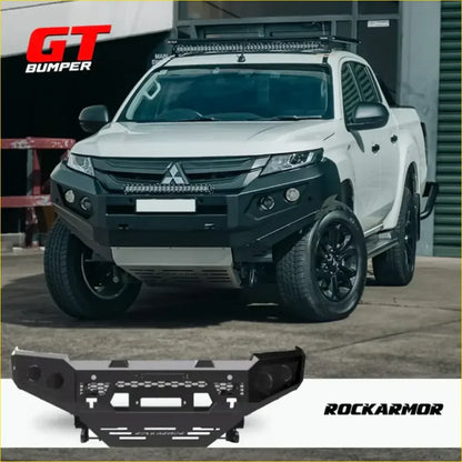 Black Rockarmor front bumper for Mitsubishi Triton pickup truck Featuring GT hoopless bullbar and rock sliders