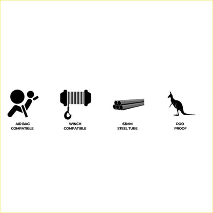 Black silhouette icons showing airbag and winch compatibility 63mm steel tube and roo proof features for rockarmor rock pack bullbar and rock sliders for toyota hilux n70 2005 to 2011