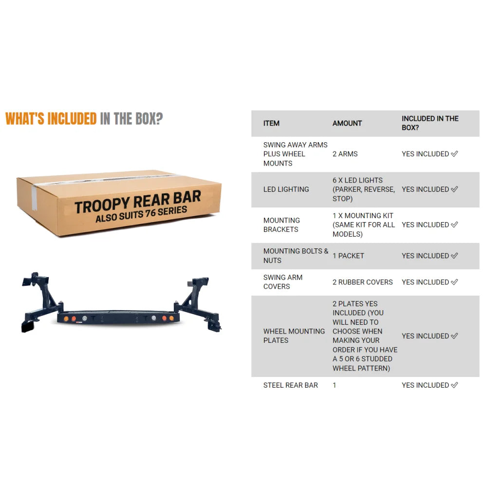 Rear view of rockarmor steel dual wheel carrier installed on toyota landcruiser fj75 troopy rear bar contents visible