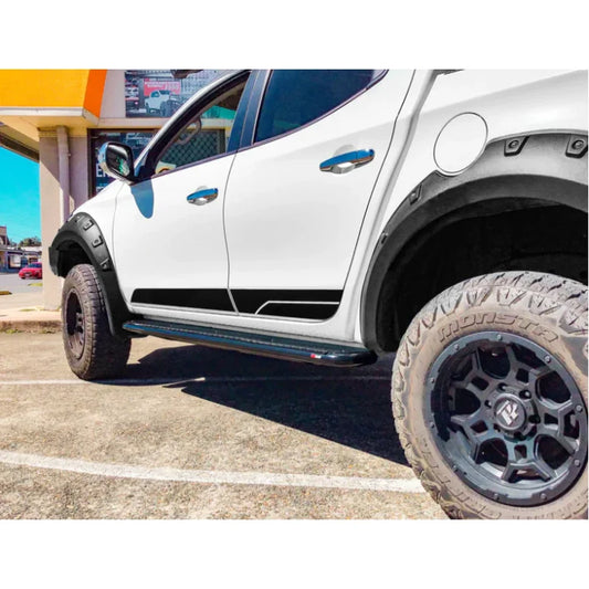 White pickup truck with black accents featuring Steel Checker Plate Rockslider Side Steps