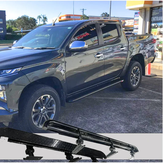 Black rockarmor steel rockslider checker plate step side steps for mitsubishi triton mr 2018 to 2024
